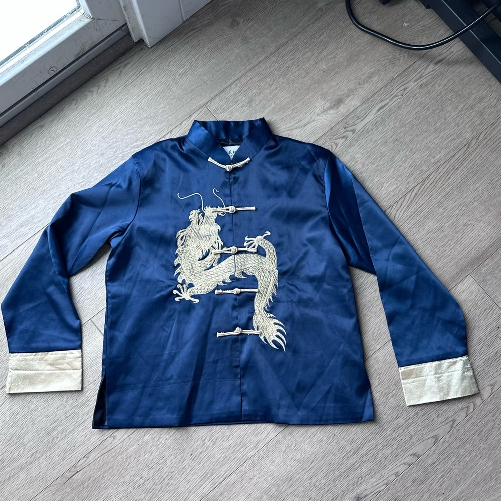 Yalahongmei Blue‎ Satin Dragon Jacket Size 14 Mandarin Collar Chinese Tang Style